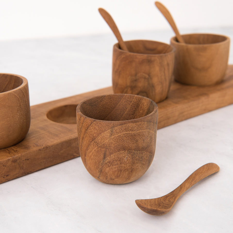 Teak Condiment Bowl, Spoon, and Serving Tray Set