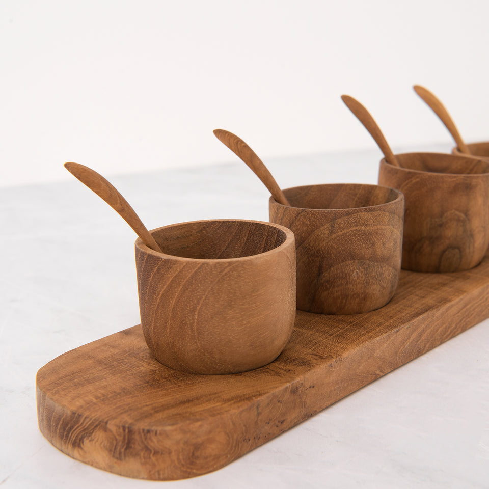 Teak Condiment Bowl, Spoon, and Serving Tray Set