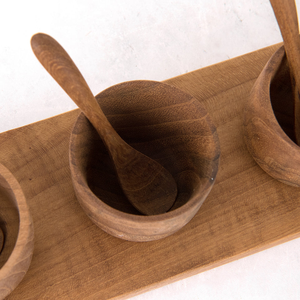 Teak Condiment Bowl, Spoon, and Serving Tray Set