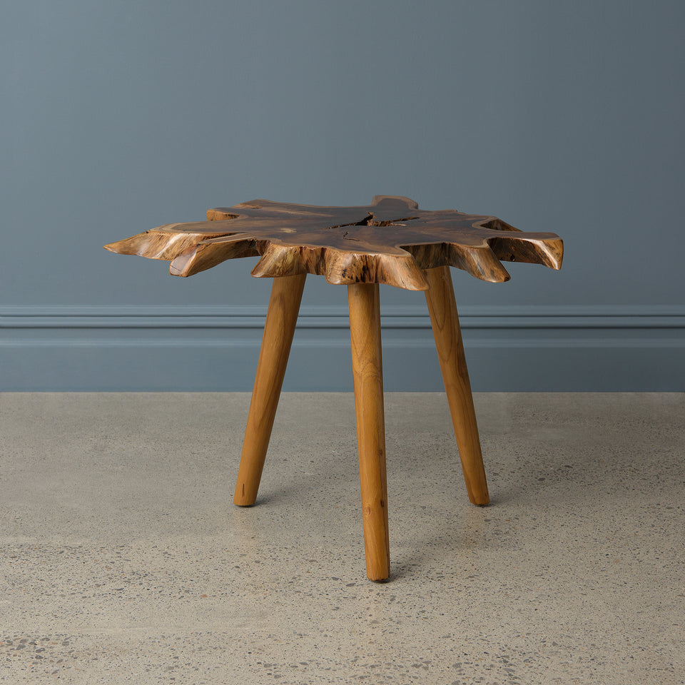 Teak Slab Side Table with Burnt Edge and Bubut Legs