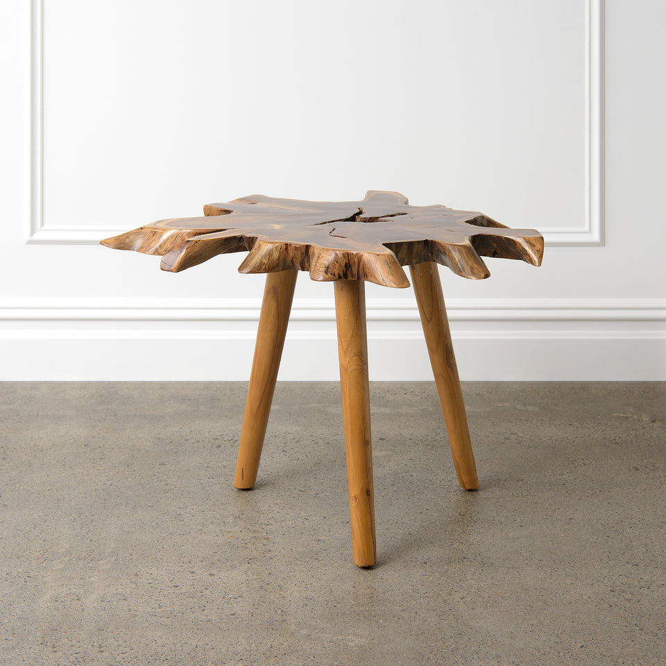 Teak Slab Side Table with Burnt Edge and Bubut Legs