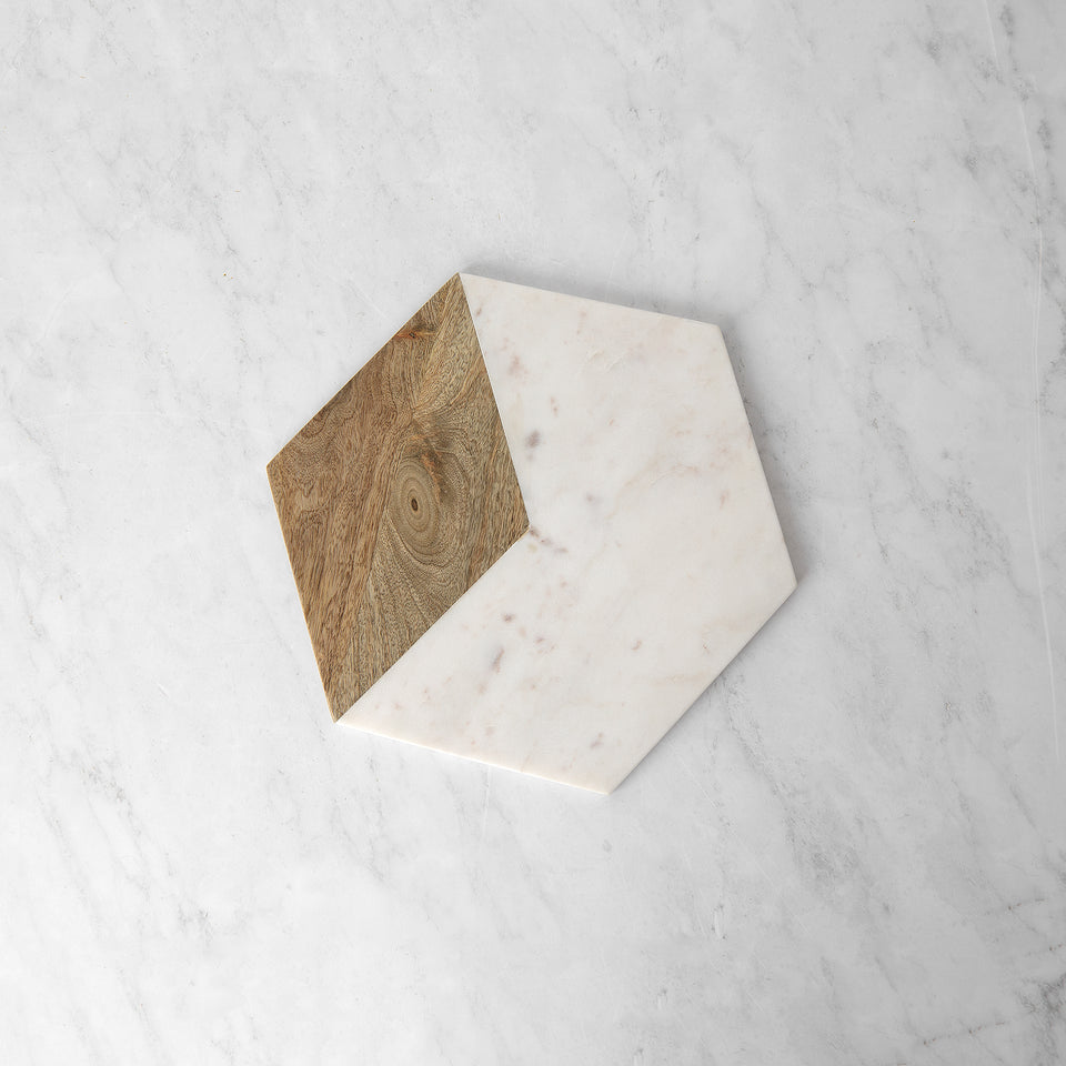 Marble and Wood Hexagon Serving Board