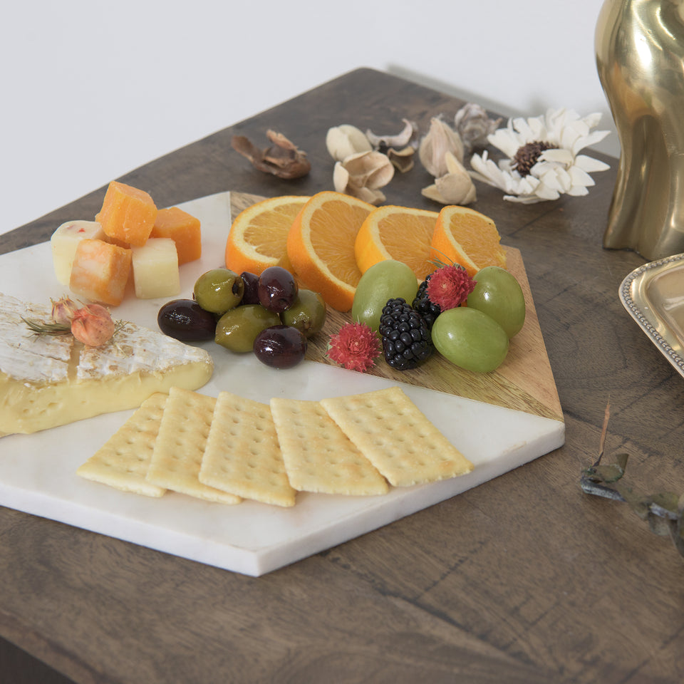 Marble and Wood Hexagon Serving Board