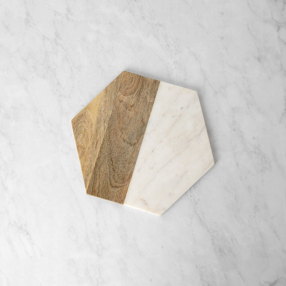 Marble and Wood Parted Hexagon Serving Board